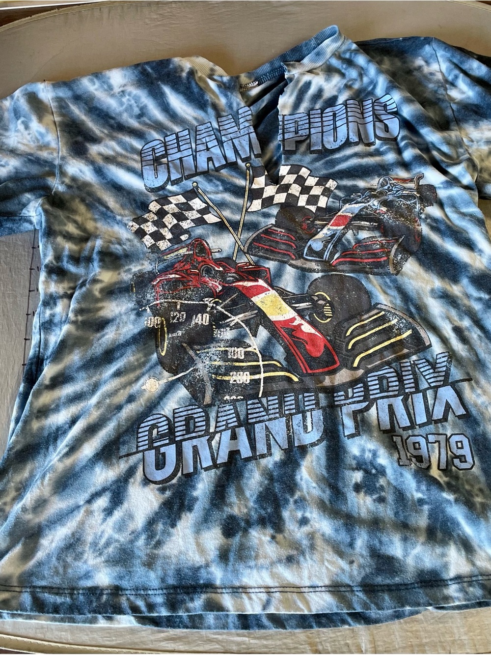 Champion racing 1979 cut front medium blue tie dye tee shirt